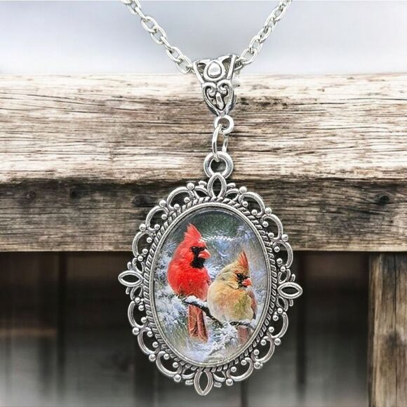 Red Cardinal Portrait Cabochon Silver Glass Dome Spiritual Memory Bird Necklace - Picture 10 of 10